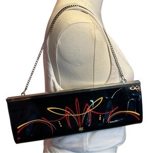 Hand-Painted, One-of-a-Kind Retro Chain Clutch with Red and Yellow Pinstripes